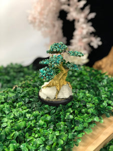 Chrysocolla Tree Set On White Quartz, Pyrite and Wood Base