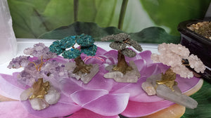 Little Chrysocolla, Amethyst, Rose Quartz & pyrite tree Set on  White Quartz  Base Great for Gift