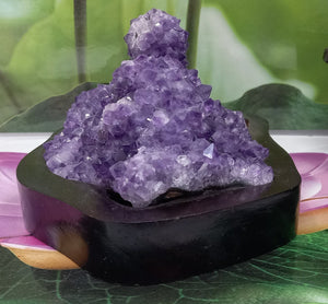 Amethyst Geode set on Wood Base, Raw Amethyst Cluster