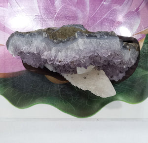 Amethyst Geode inlaid with white quartz set on Wood Base, Raw Amethyst Cluster