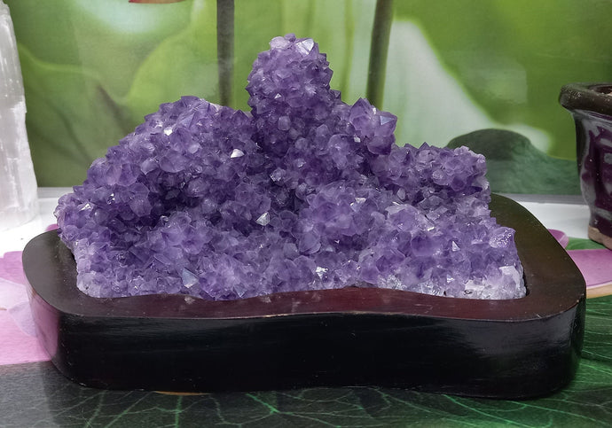 Amethyst Geode set on Wood Base, Raw Amethyst Cluster