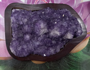 Amethyst Geode set on Wood Base, Raw Amethyst Cluster