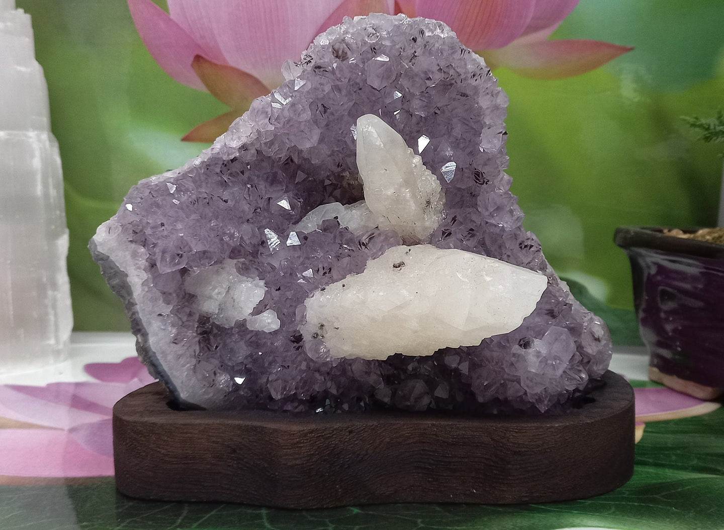 Amethyst Geode inlaid with white quartz set on Wood Base, Raw Amethyst Cluster