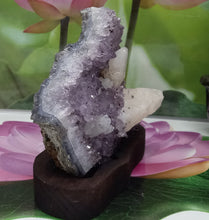 Load image into Gallery viewer, Amethyst Geode inlaid with white quartz set on Wood Base, Raw Amethyst Cluster